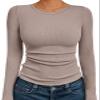 AUTOMET Women's Ribbed Long Sleeve Basic Top - Soft Stretch Crewneck Shirt for Work & Casual Oatmeal XS view 1
