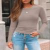 AUTOMET Women's Ribbed Long Sleeve Basic Top - Soft Stretch Crewneck Shirt for Work & Casual Oatmeal XS view 2
