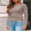 AUTOMET Women's Ribbed Long Sleeve Basic Top - Soft Stretch Crewneck Shirt for Work & Casual Oatmeal XS view 3
