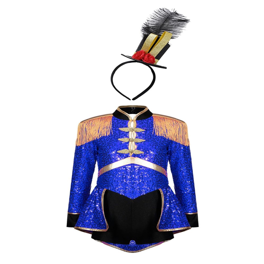 Yruioon Girls Drum Majorette March Band Uniform Sets Sequins Leotard Dress+Hat Ringmaster Suits Royal Blue A 14 Years