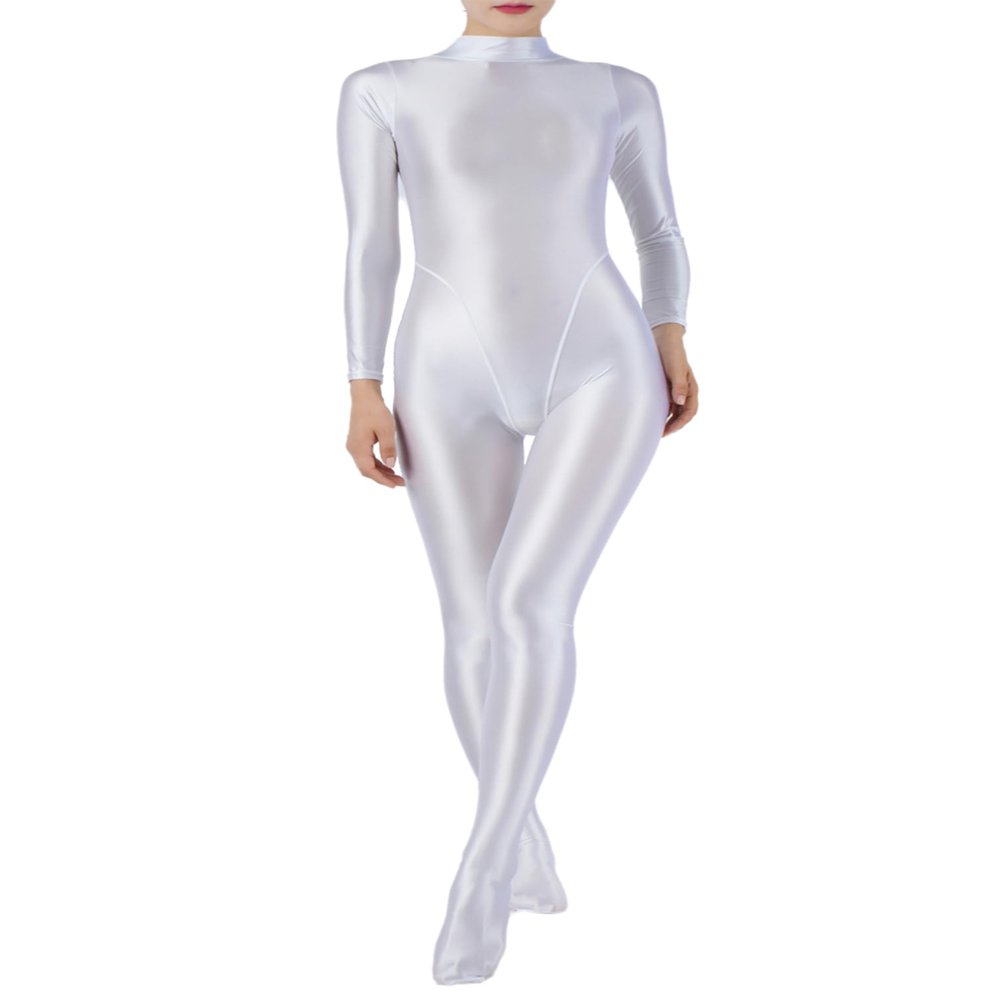 TiaoBug Womens Glossy Full Bodysuit One-Piece Swimsuit High Stretch Jumpsuit Workout Yoga Unitard White XX-Large