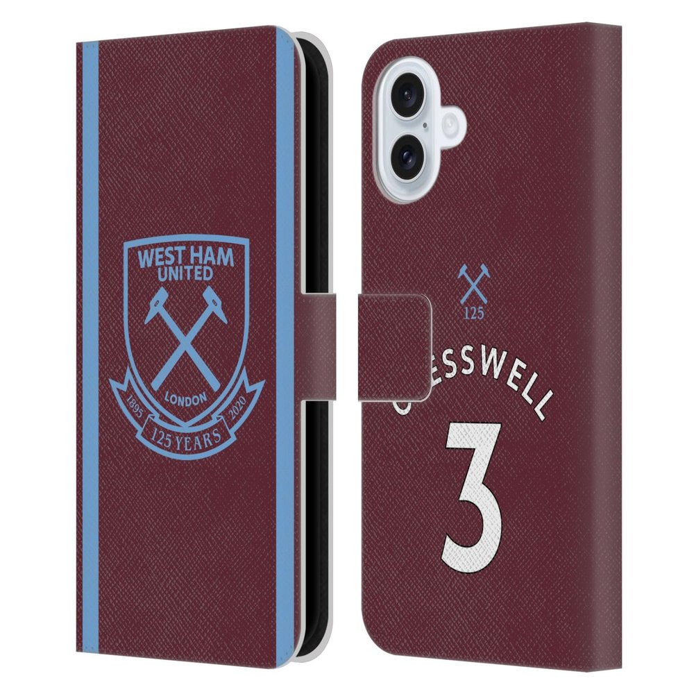 Head Case Designs Officially Licensed West Ham United FC Aaron Cresswell 2020/21 Players Home Kit Leather Wallet Case Compatible with Apple iPhone 16 Plus