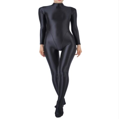 TiaoBug Womens Glossy Full Bodysuit One-Piece Swimsuit High Stretch Jumpsuit Workout Yoga Unitard Black Medium