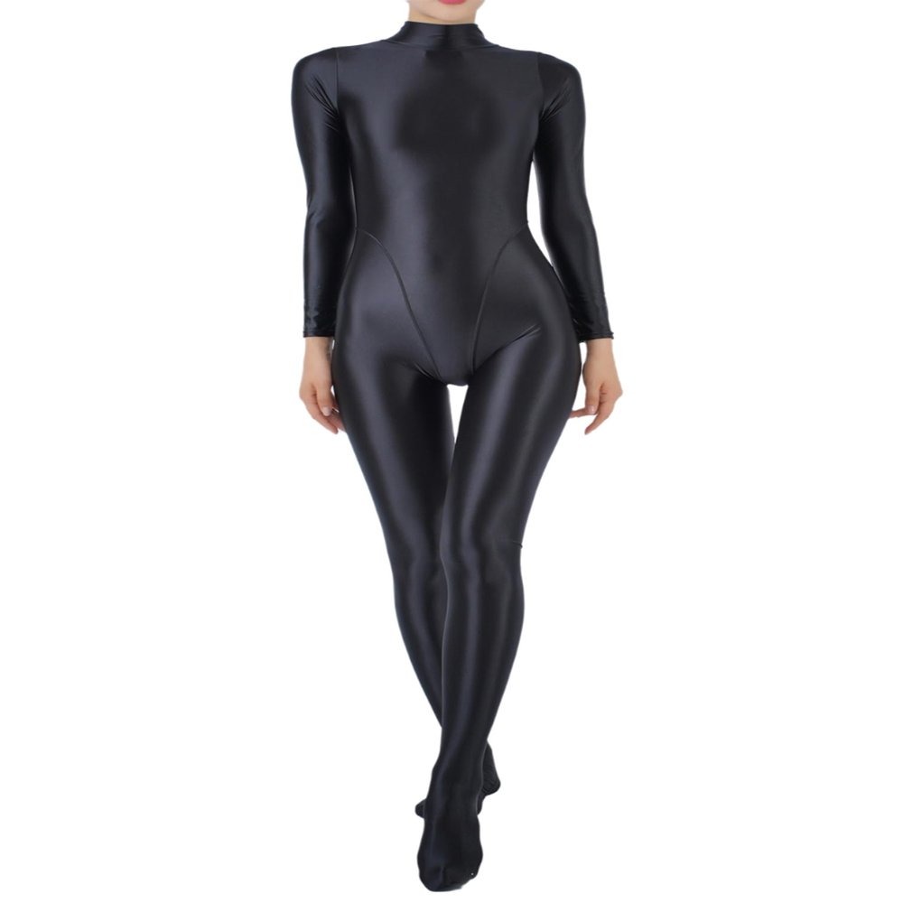 TiaoBug Womens Glossy Full Bodysuit One-Piece Swimsuit High Stretch Jumpsuit Workout Yoga Unitard Black Medium