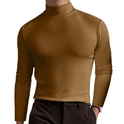 2024 Turtleneck Compression Shirt high Neck t Shirts for Men Turtleneck Sweater High Collar Long Sleeve Bottoming Shirt (Khaki,2XL)
