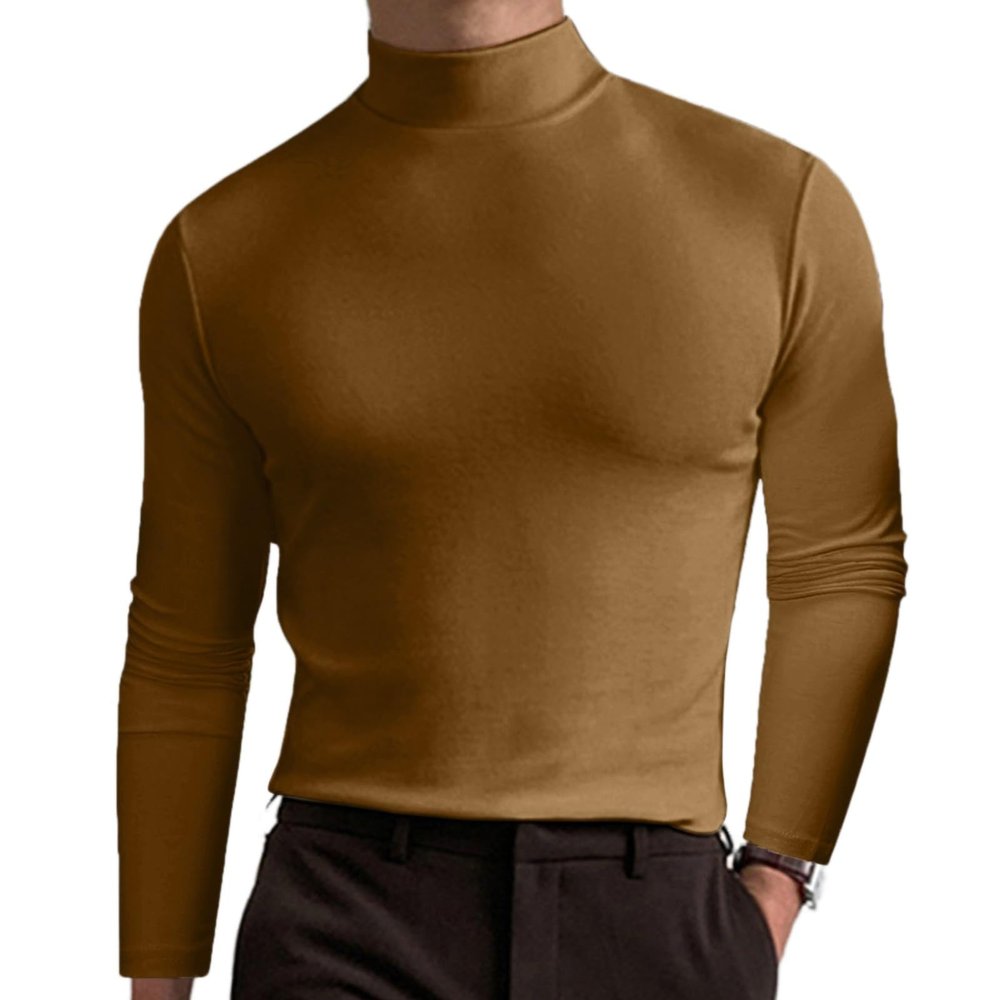 2024 Turtleneck Compression Shirt high Neck t Shirts for Men Turtleneck Sweater High Collar Long Sleeve Bottoming Shirt (Khaki,2XL)