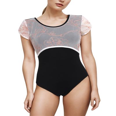 AFAVOM Ballet Leotards for Women Ballet Dance Leotard Adult Ballerina Classic Gymnastics Competition Leotard Floral Embroidery U Back Basic Leotard Short Sleeve Dancewear Bodysuit Black 2XL