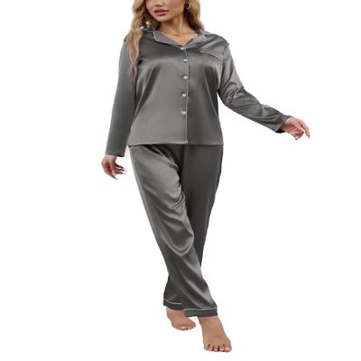 Drtope Womens satin pajamas long sleeve pjs set 2 piece pajama set comfy pajama set Dark Grey