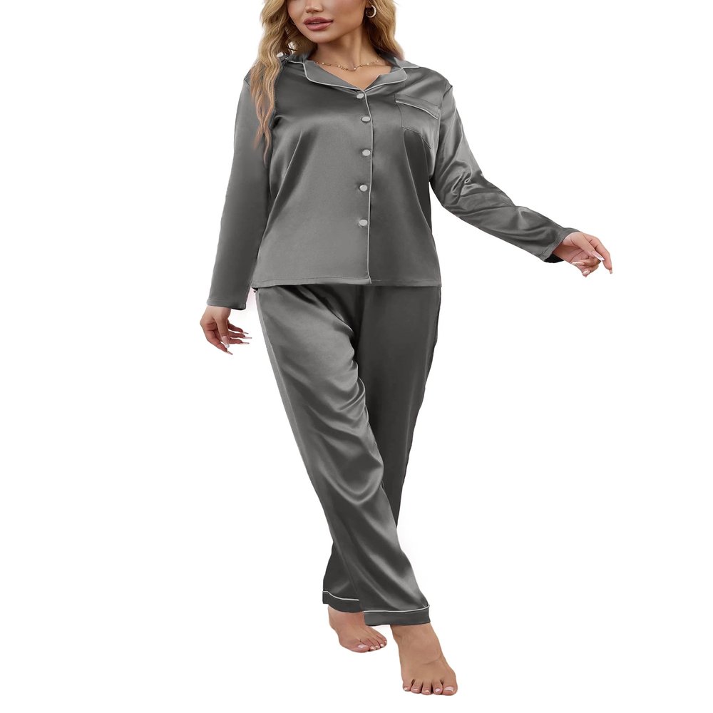 Drtope Womens satin pajamas long sleeve pjs set 2 piece pajama set comfy pajama set Dark Grey