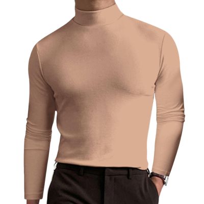 2024 Turtleneck Compression Shirt high Neck t Shirts for Men Turtleneck Sweater High Collar Long Sleeve Bottoming Shirt (Light Khaki,S)
