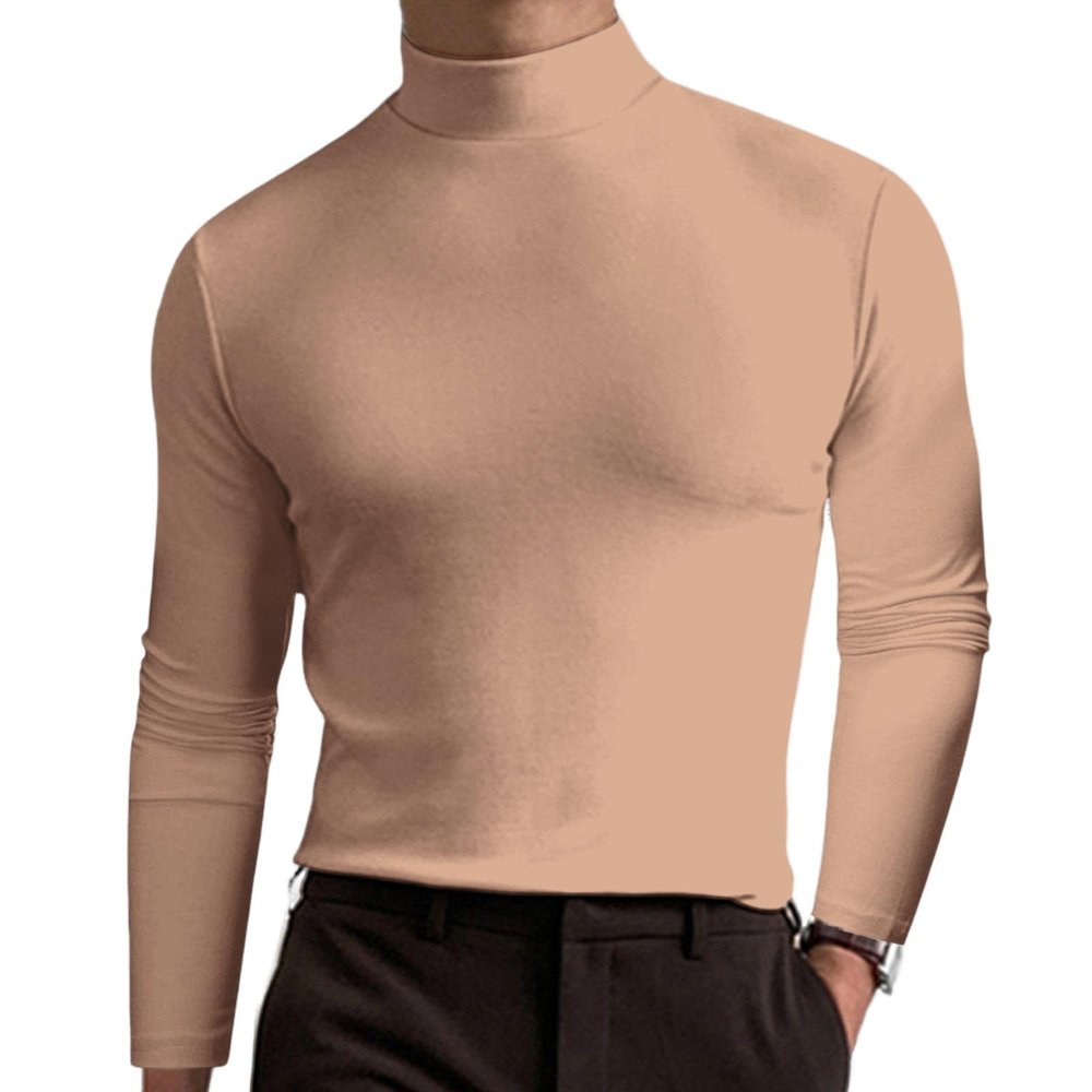 2024 Turtleneck Compression Shirt high Neck t Shirts for Men Turtleneck Sweater High Collar Long Sleeve Bottoming Shirt (Light Khaki,S)