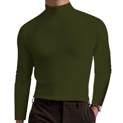 2024 Turtleneck Compression Shirt high Neck t Shirts for Men Turtleneck Sweater High Collar Long Sleeve Bottoming Shirt (Military Green,L)