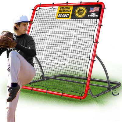 TELURY Heavy Duty Baseball Rebounder Net 4x4.5 FT Pitchback with 3 Adjustable Angles, Baseball and Softball Bounce Back Net for Ground, Line Drive, Fly Ball Return Settings Fielding Trainer (Red)