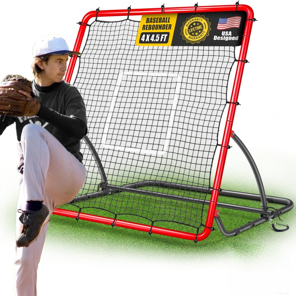 TELURY Heavy Duty Baseball Rebounder Net 4x4.5 FT Pitchback with 3 Adjustable Angles, Baseball and Softball Bounce Back Net for Ground, Line Drive, Fly Ball Return Settings Fielding Trainer (Red)