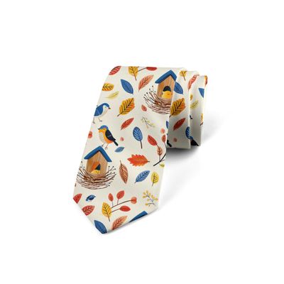 Ambesonne Men's Tie, Autumn Birds Falling Leaves, 3.7", Blue Burnt Sienna Mustard