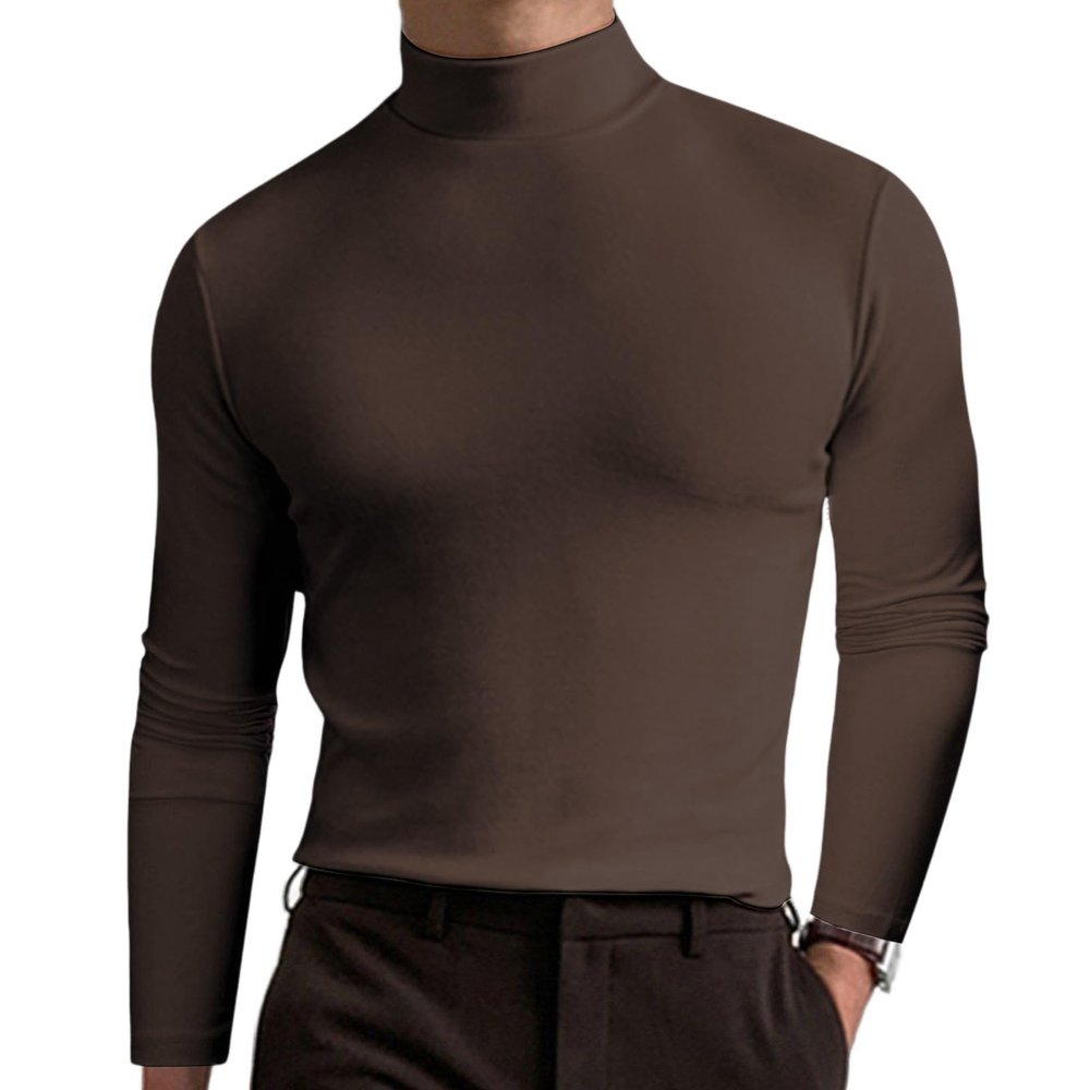 2024 Turtleneck Compression Shirt high Neck t Shirts for Men Turtleneck Sweater High Collar Long Sleeve Bottoming Shirt (Dark Brown,M)