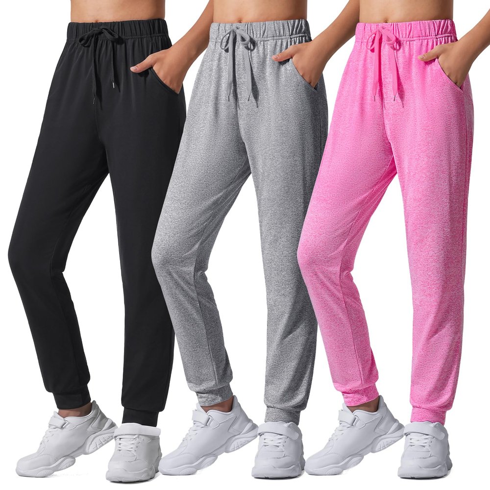 Auranso Girls Joggers 3 Pack Quick Dry Casual Sweatpants Kids Athletic Lounge Joggers Boys Active Running Pants with Pockets 7-8 Years Black Grey Rose-red