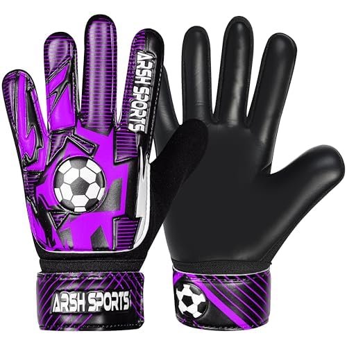 Arsh Sports Soccer Goalie Gloves for Kids,Goalkeeper Gloves for Youth Boys Girls 4MM Latex Palm,Anti Slip,Super Gip Double Wrist Protection (Black-Purple, Size 6 Suitable for 13 to 15 Years Old)