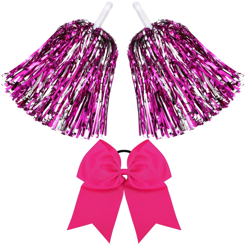 Hanaive 3 Pcs Cheerleading Pom Poms and Large Cheerleader Hair Bow Metallic Foil Cheerleader Pompoms Cheer Supplies for Dance Squad Rooters Sport Team Accessories(Rose Red Silver)