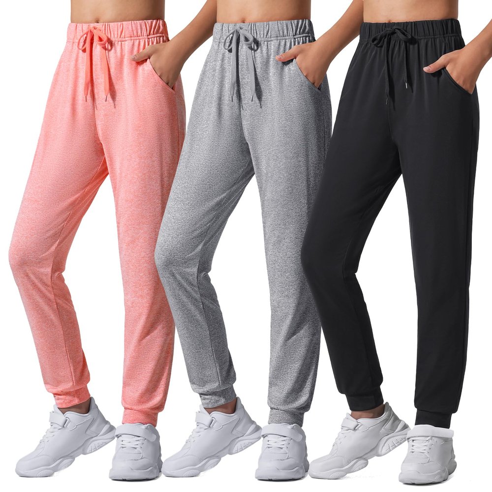 Auranso Girls Joggers 3 Pack Quick Dry Casual Sweatpants Kids Athletic Lounge Joggers Boys Active Running Pants with Pockets 13-14 Years Black Grey Orange-Pink