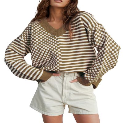 UNCLECAT Womens Striped Checkered Sweater V Neck Fall Trendy Pullover Tops
