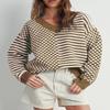 UNCLECAT Womens Striped Checkered Sweater V Neck Fall Trendy Pullover Tops view 2