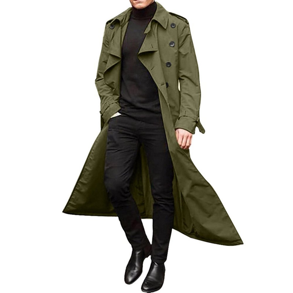 FONMA Trench Coat Men Winter Slim Coat Trench Lapel Long Jacket Double Breasted Overcoat Soft Elegant windbreaker Greens Medium