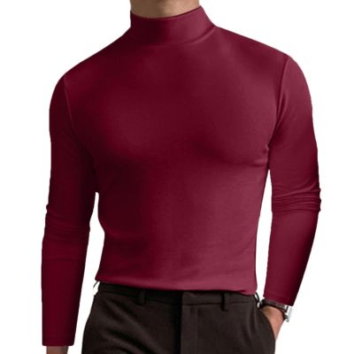 2024 Turtleneck Compression Shirt high Neck t Shirts for Men Turtleneck Sweater High Collar Long Sleeve Bottoming Shirt (Wine red,XL)