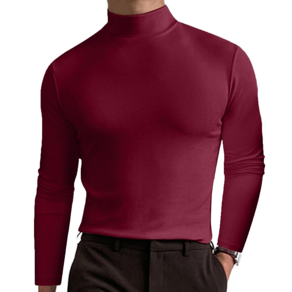 2024 Turtleneck Compression Shirt high Neck t Shirts for Men Turtleneck Sweater High Collar Long Sleeve Bottoming Shirt (Wine red,XL)