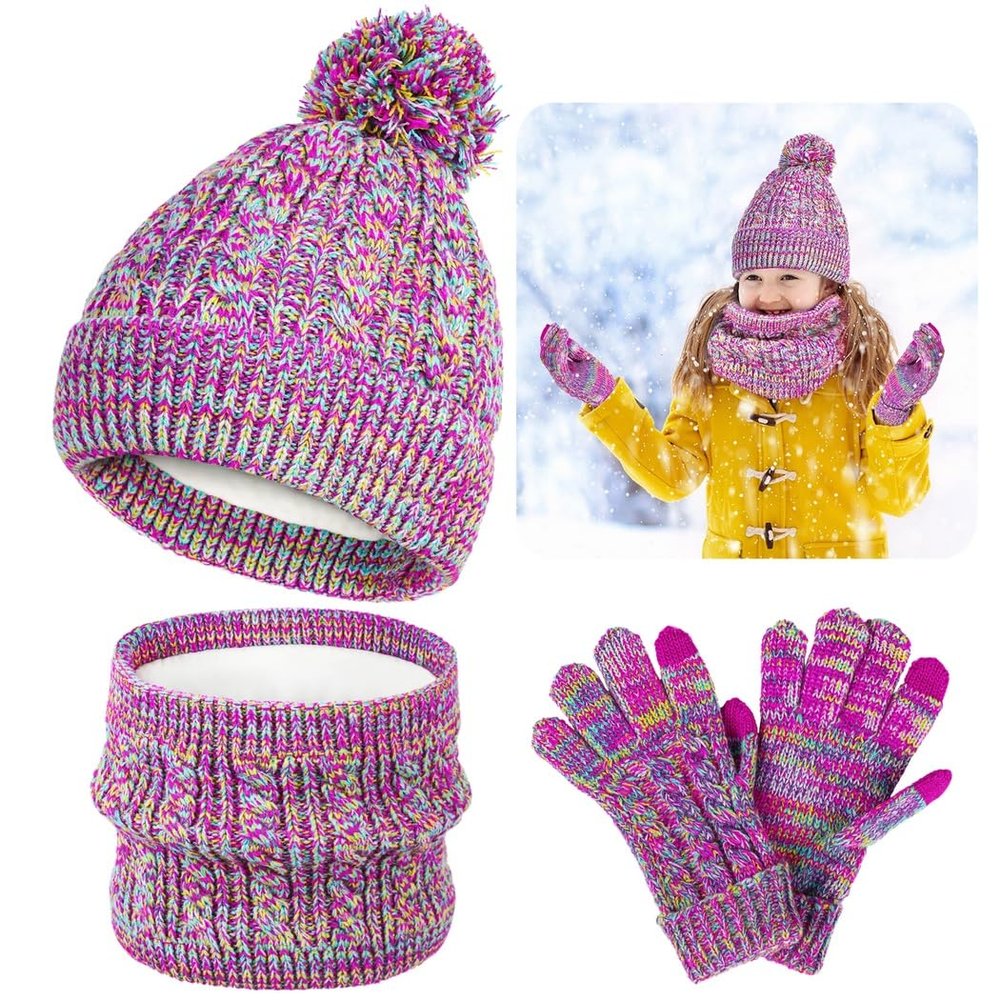 Kids Winter Hat Scarf Gloves Combo, Beanie, Neck Warmer, Thermal Gloves Set For Ages 5 To 12, Warm Winter Protection