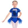 AFAVOM Toddler Girls Sequin Ballet Leotard Short Sleeve Sparkly Mesh Leotard Tutu Skirted Feather Mock Neck Ballerina Outfit Mesh Ruffle Leotard Dress for Dance Gymnastics Dress Royal Blue 5-6 Years view 1