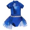 AFAVOM Toddler Girls Sequin Ballet Leotard Short Sleeve Sparkly Mesh Leotard Tutu Skirted Feather Mock Neck Ballerina Outfit Mesh Ruffle Leotard Dress for Dance Gymnastics Dress Royal Blue 5-6 Years view 2