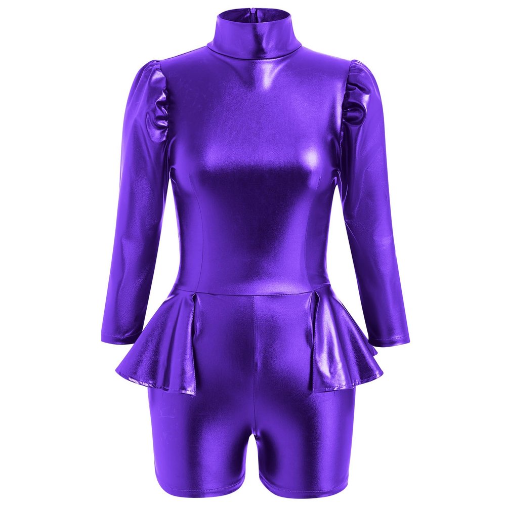 AFAVOM Womens Shiny Metallic Dance Leotard Long Sleeve Gymnastics Jumpsuit Sparkly Trapeze Artist Circus Costume Acrobat Carnival Dance Dress Up Holographic Rave Festival Ballet Leotards Purple XS