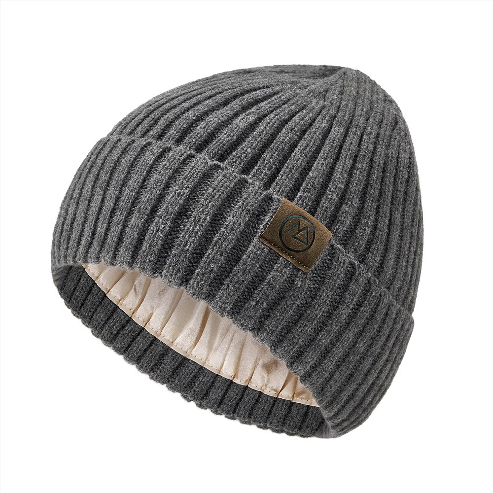 Zando Dark Grey Satin Lining Beanie for Women & Men - Warm Winter Hats, Silky Lined Thick Knit Fashionable Beanies for Skiing Travel Daily Wear,Slouchy Skull Sleep Cancer Caps One Size