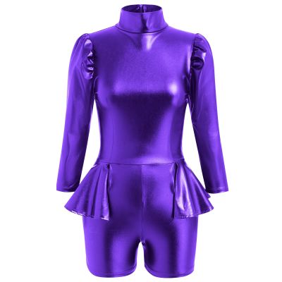 AFAVOM Womens Shiny Metallic Dance Leotard Long Sleeve Gymnastics Jumpsuit Sparkly Trapeze Artist Circus Costume Acrobat Carnival Dance Dress Up Holographic Rave Festival Ballet Leotards Purple M