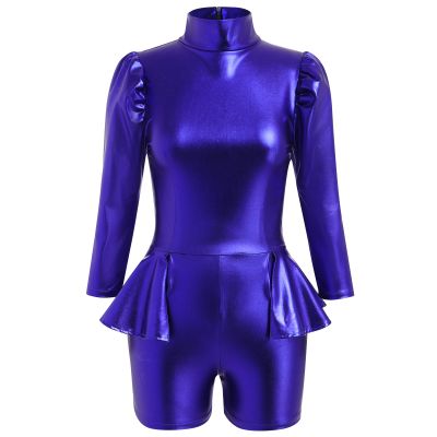AFAVOM Women Shiny Metallic Dance Leotard Long Sleeve Gymnastics Jumpsuit Sparkly Trapeze Artist Circus Costume Acrobat Carnival Dance Dress Up Holographic Festival Ballet Leotards Royal Blue XS