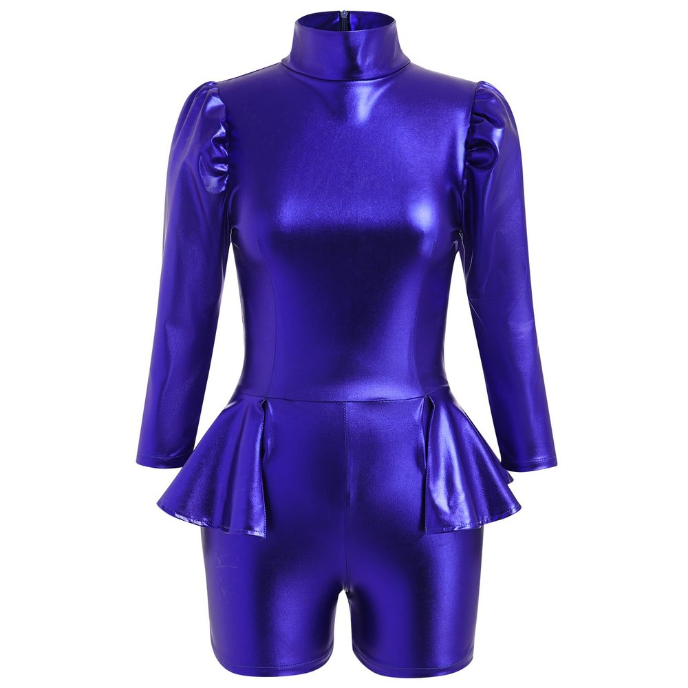 AFAVOM Women Shiny Metallic Dance Leotard Long Sleeve Gymnastics Jumpsuit Sparkly Trapeze Artist Circus Costume Acrobat Carnival Dance Dress Up Holographic Festival Ballet Leotards Royal Blue XS