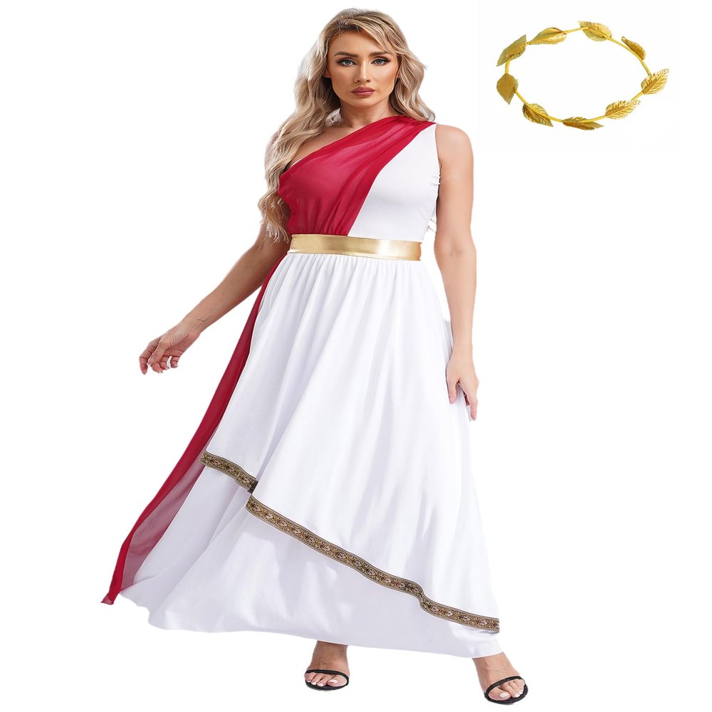 ACSUSS Womens Roman Empress Costume Halloween Ancient Greek Toga Cosplay Outfits with Headwear Burgundy X-Large