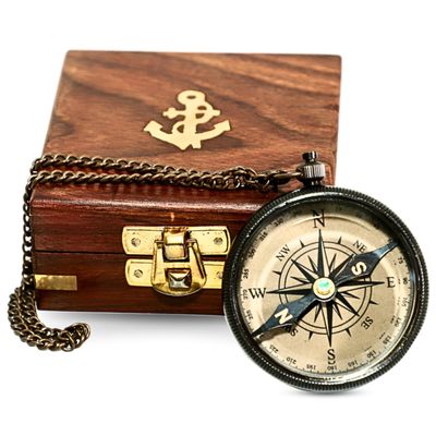 Antique Brass Compass with Chain  2.5" Pocket Compass in Wooden Anchor Box  Perfect for Hiking, Camping, and Navigation Gifts