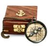Antique Brass Compass with Chain  2.5" Pocket Compass in Wooden Anchor Box  Perfect for Hiking, Camping, and Navigation Gifts