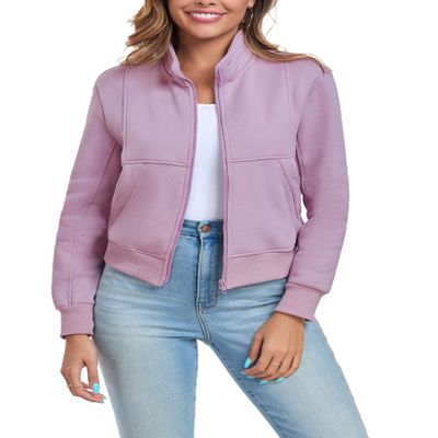 FIOPHY Women's Full Zip Up Sweatshirts Fleece Jackets Stand Collar Long Sleeve Casual Outwear Fuzzy Warm Coat with Pocket Dusty Purple XL