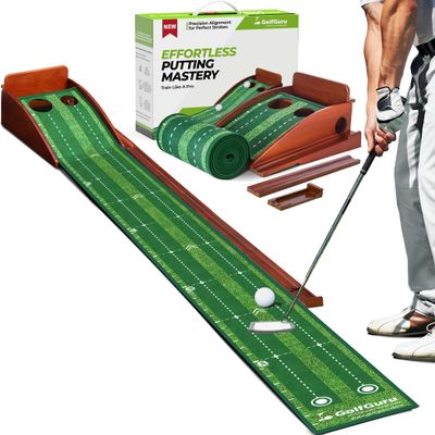Golfguru Putting Green Indoor, 9.8ft Golf Putting Mat with Automatic Ball Return Track, Indoor Putting Green for Home with Thickened Wrinkle-Free Crystal Velvet, Golf Accessories for Men