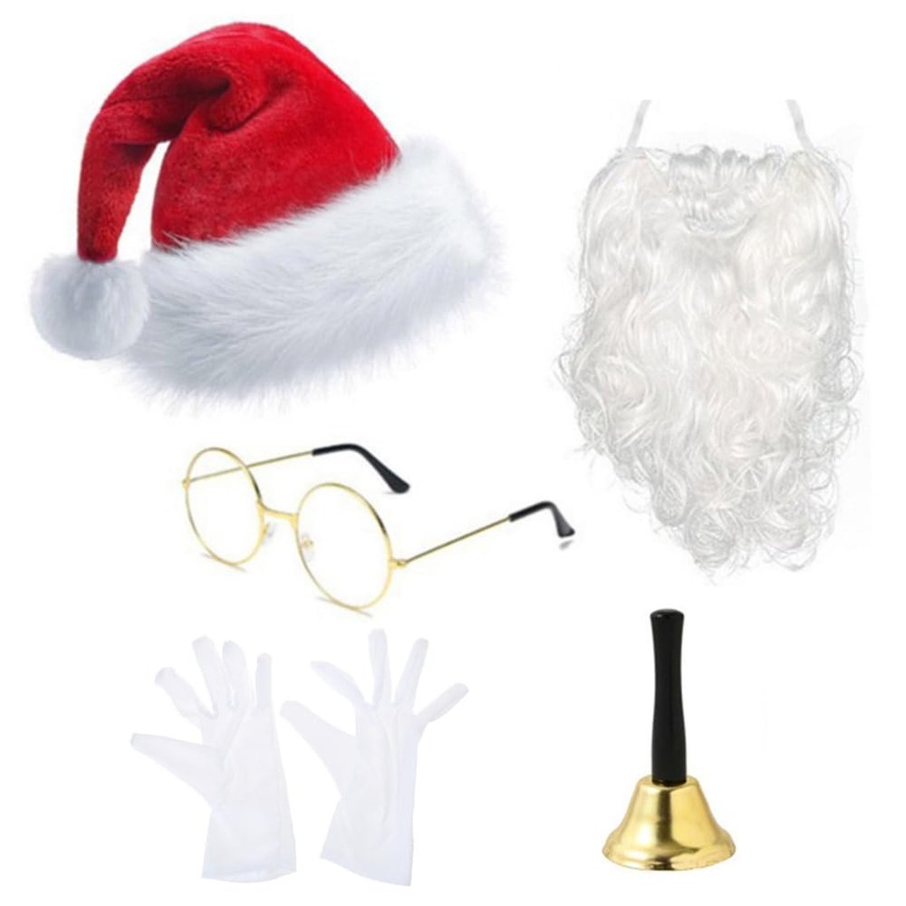 Festive Father Christmas Costume Accessories, 5 Pieces/Set Including Gloves & Hat & Adjustable Beard & Glasses & Bells