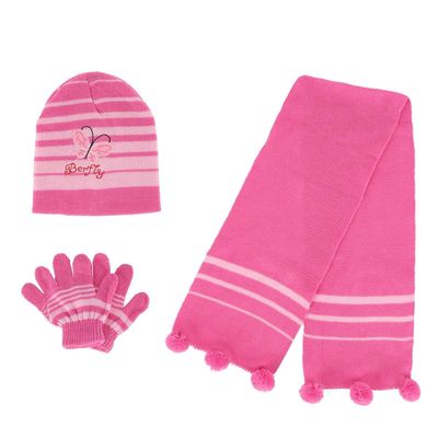 Heat Trendz Girl's One Size Fits Most Stripe Butterfly Hat Gloves and Scarf Winter Set, Dark Pink