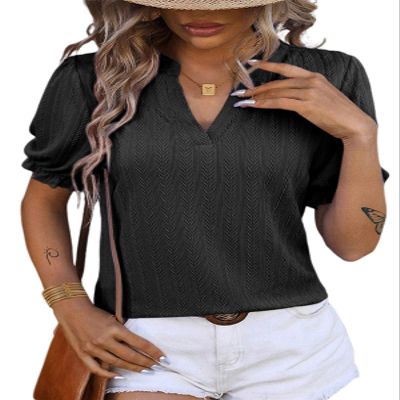 Dokotoo Womens Short Sleeve Tops Summer Bussiness Casual Outfits for Women Textured V Neck Knit Puff Blouses Shirts Cute Resort Wear for Women 2025 Black Medium