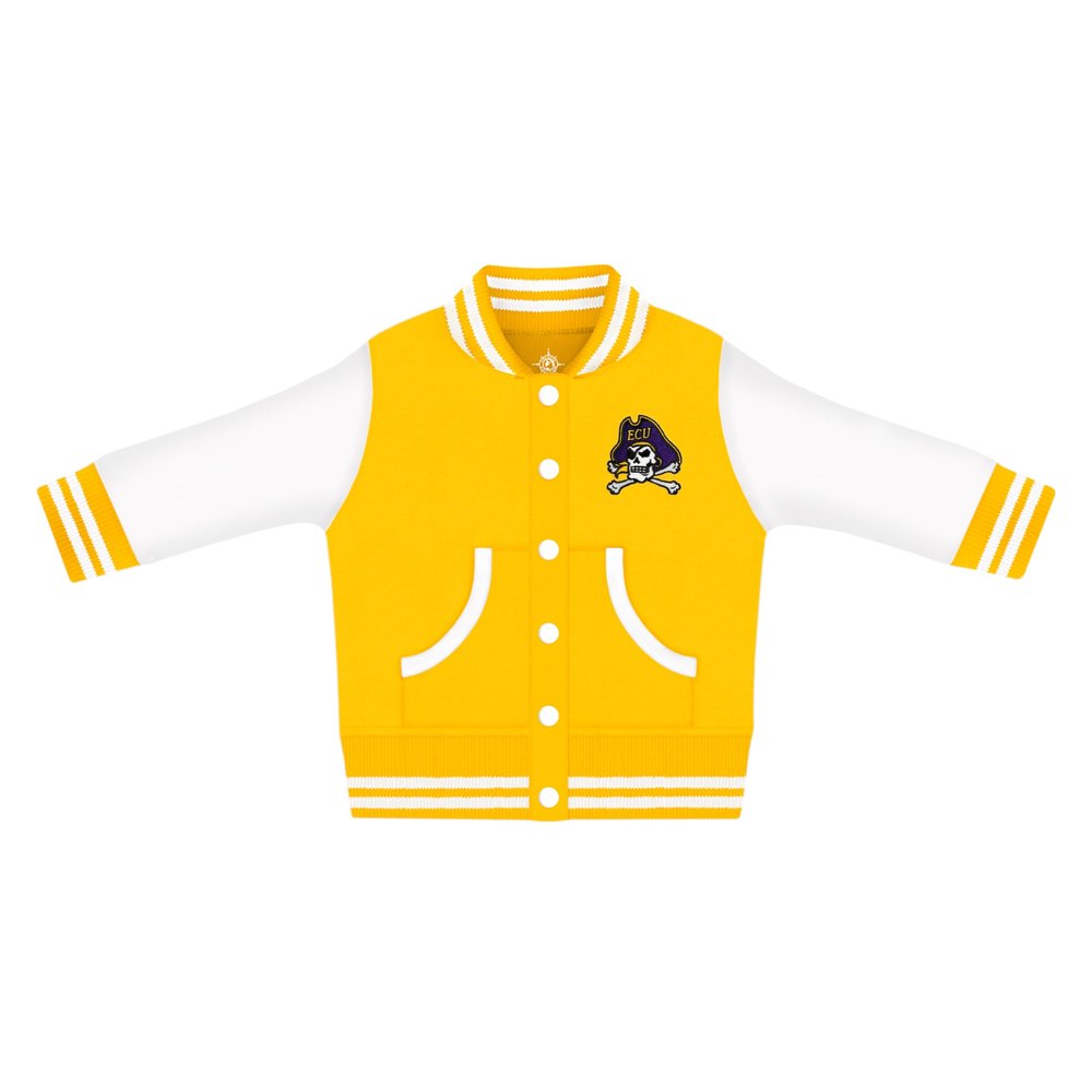 Creative Knitwear College Baby NCAA Officially Licensed Letterman Varsity Jacket - East Carolina Skull Logo - Gold - 0-3 Months