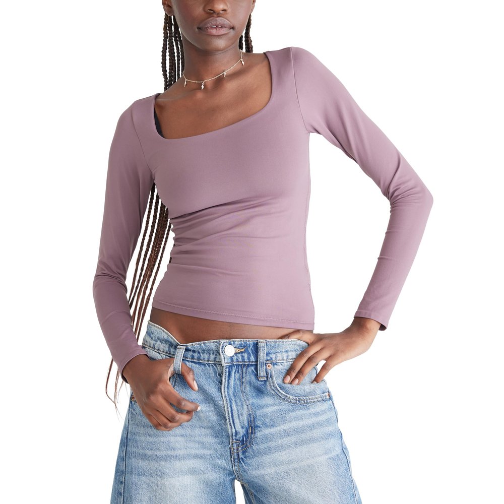 Aeropostale Seriously Soft Sculpt Square Neck Long Sleeve Top, Flint, Small