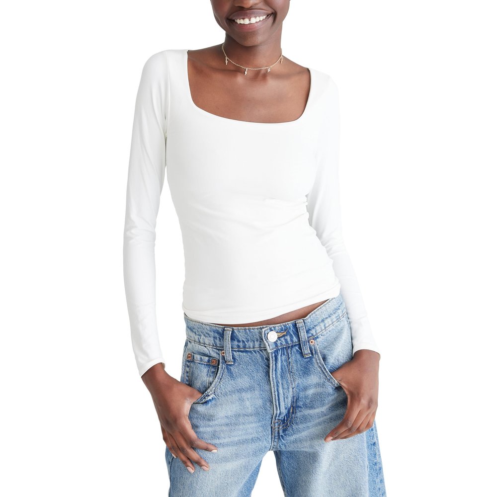 Aeropostale Seriously Soft Sculpt Square Neck Long Sleeve Top, Cream, Medium