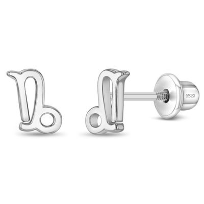 925 Sterling Silver Polished Capricorn Zodiac Sign Safety Screw Back Earrings For Toddlers Little Girls and Preteens - Children's Horoscope Sign Screw Back Earrings