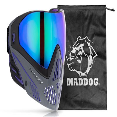 Maddog Dye i5 Thermal Dual-Pane Anti-Fog Lens Paintball Airsoft Mask Goggle System Combo with Microfiber Storage Bag | High Performance Safety Certified Protection - Barney - Purple/Grey/Black
